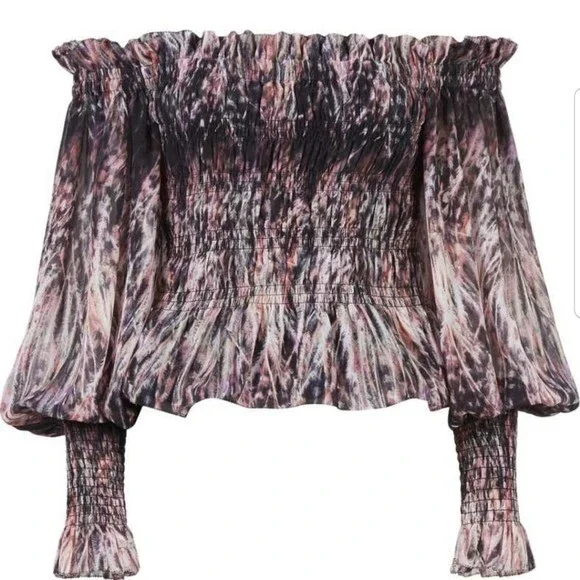 NWT All Saints Lara Smocked Off the Shoulder Top in Rainbow Pink, size 6 - Picture 10 of 10